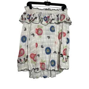 John Mark Embroidered Top Womens Medium Butterfly White Floral Smocked Blouse